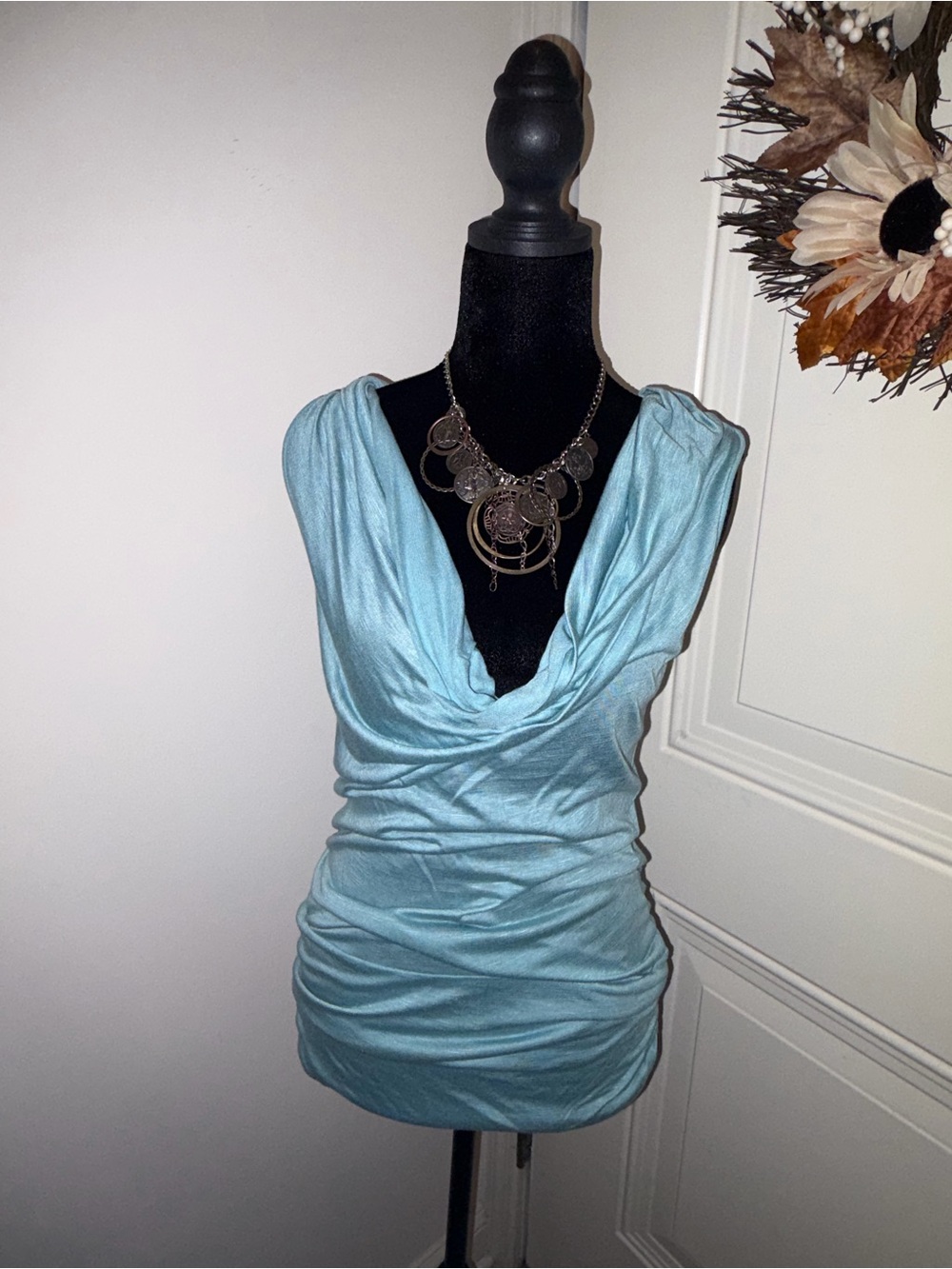 Arden B Light Blue Draped Cowl Neck Tank